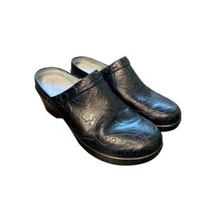 Alegria Black Leather‎ Embossed Floral Comfort Clogs Shoes Women's Size 8